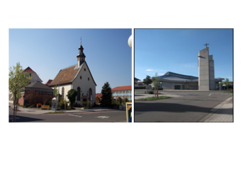 Ökumenische Bibelabende + Gottesdienst in Haßloch Die Bildcollage zeigt die protestantische Lutherkirche und das katholische Pfarrzentrum St. Gallus in Haßloch