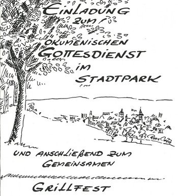 Ökumenischer Parkgottesdienst Einladungsplakat für einen ökumenischen Parkgottesdienst mit der Zeichnung eines Baumes im Vordergrund